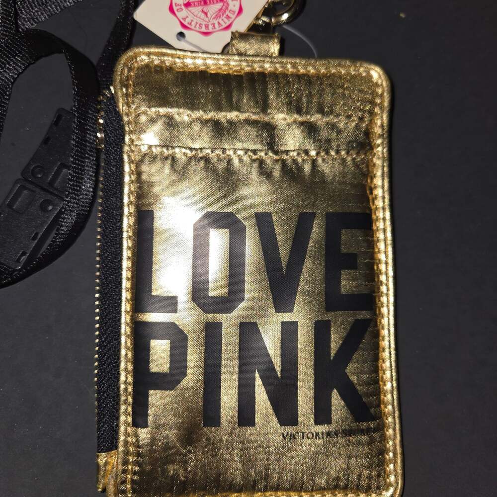 Victorias Secret Lanyard Id Holder Zipped Wallet Case Gold